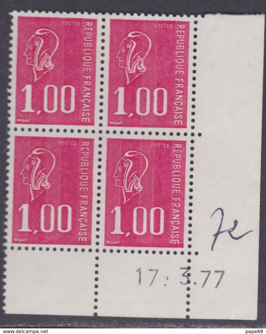 France N° 1892  XX Marianne De Bequet : 1 F. Rouge En Bloc De 4 Coin Daté Du 17 . 3 . 77 ; 3 Bdes  Phosp  Ss Ch., TB - Autres & Non Classés