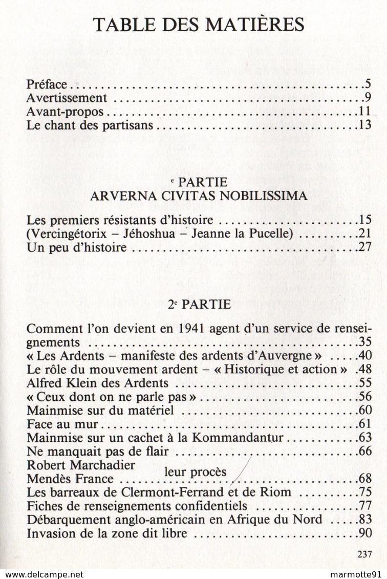 AUVERGNE COMBAT POUR LA LIBERTE SOUVENIR AGENT A.S. S.R. 2e BUREAU CONTRE ESPIONNAGE 1941 1944 - 1939-45