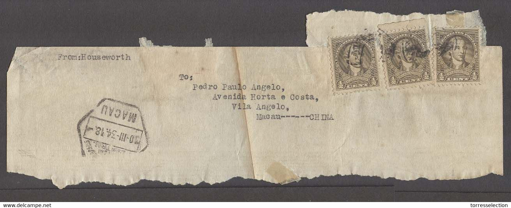 USA - XX. 1934. Multifkd Wrapper To Macau, China (30 March 34) Bearing 1/2c X3. Rare Dest. - Other & Unclassified
