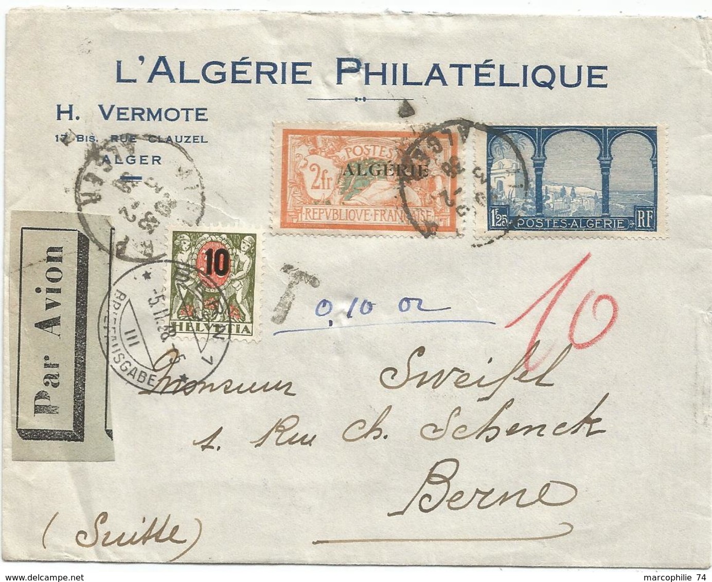 ALGERIE 2FR MERSON +1F25 LETTRE PAR AVION ALGER 1938 POUR SUISSE TAXE 10C BERNE + T 0.10 OR RARE - Lettres & Documents