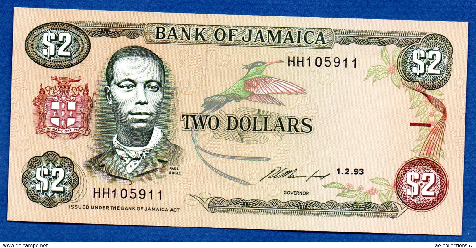 Jamaique -  2 Dollars 1/2/93    - Pick # 69  -  état   UNC - Jamaica