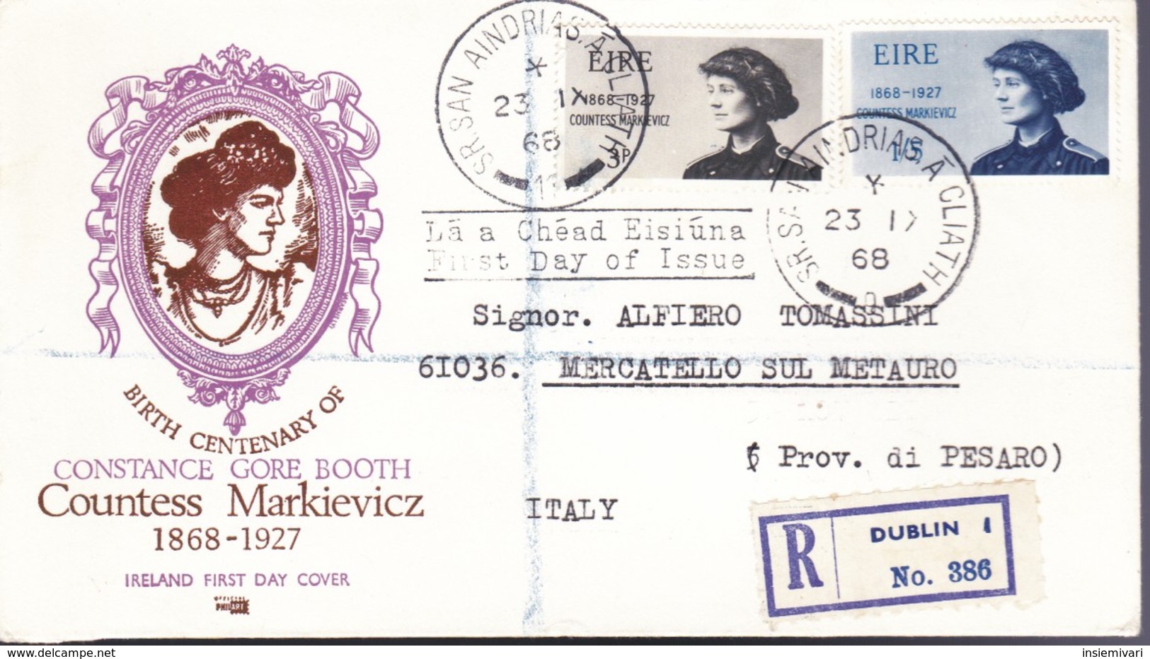 *1968 - IRLANDA - COUNTESS MARKIEVICZ - BUSTA FDC.su Raccomandata. - FDC