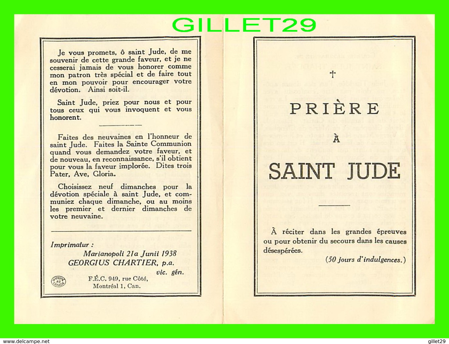 RELIGIONS - PRIÈRE À SAINT JUDE - 4 PAGES - IMPRIMATUR, GEORGIUS CHARTIER, P. A. EN 1938 - - Autres & Non Classés