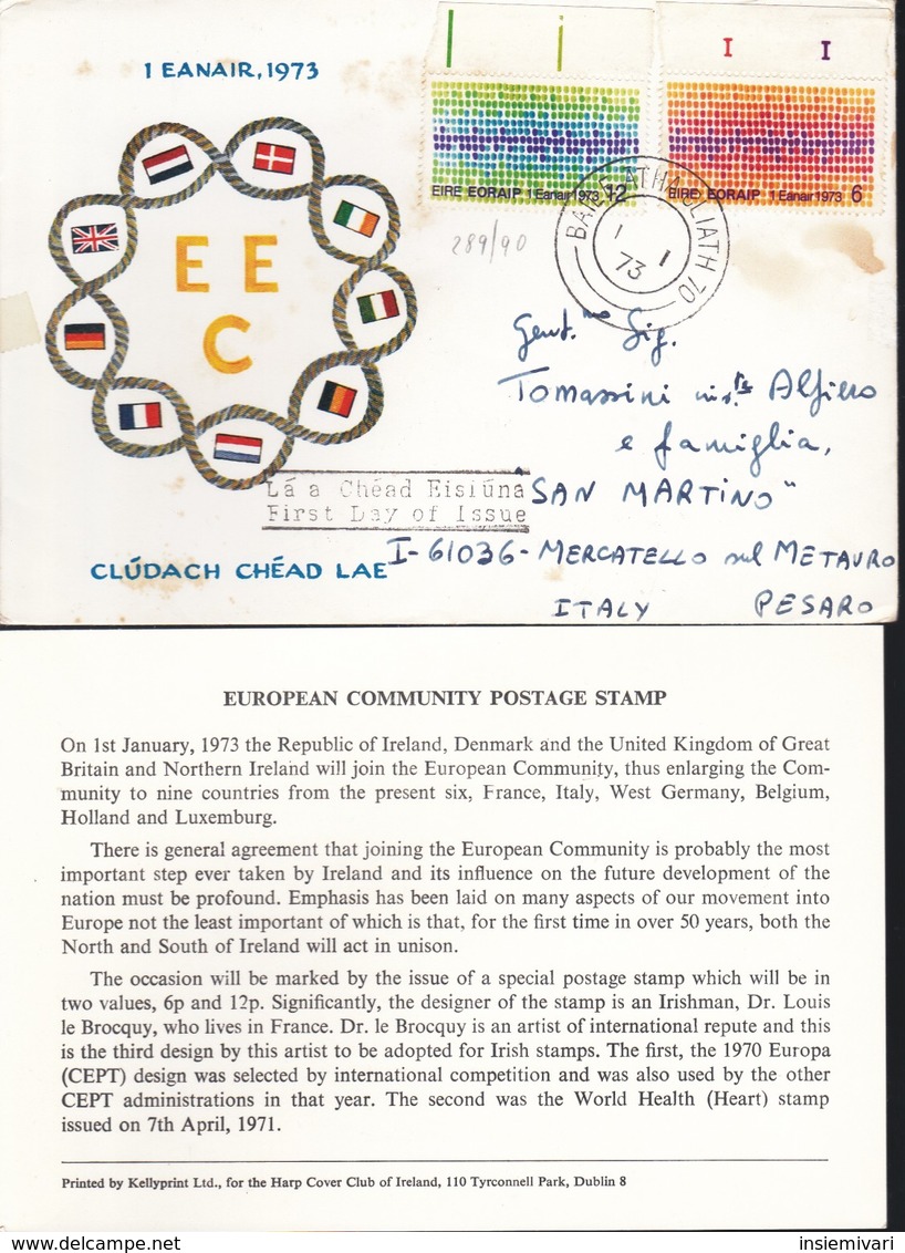 1973 - IRLANDA - Ingresso Nella Comunità Economica Europea - BUSTA FDC. - FDC