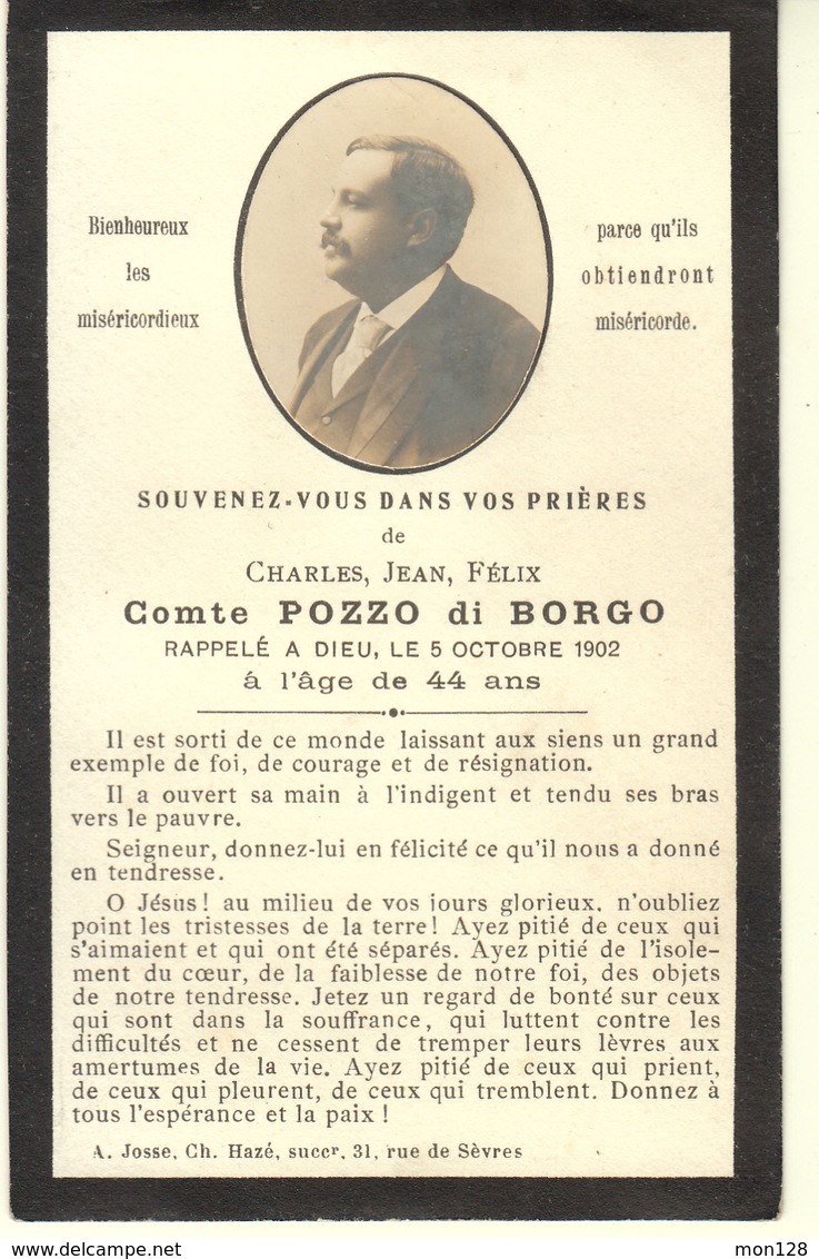 FAIRE PART DECES CHARLES JEAN FELIX COMTE POZZO DI BORGO 5 OCTOBRE 1902 A L'AGE DE 44 ANS - Overlijden