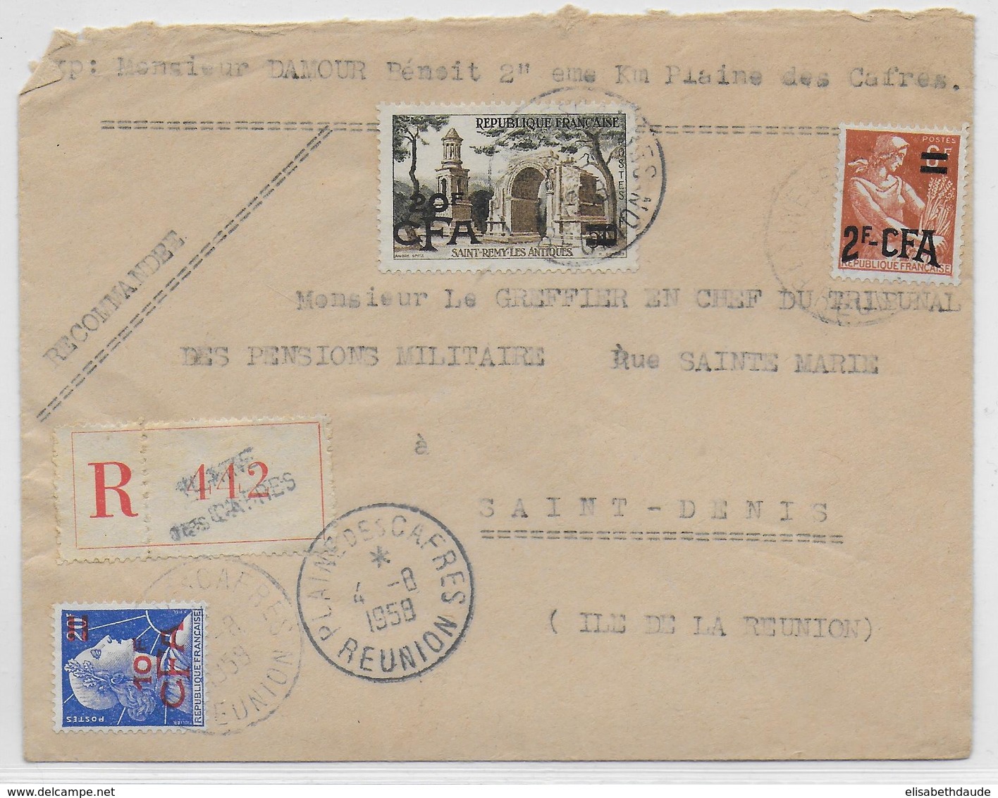 1958 - REUNION - ENVELOPPE RECOMMANDEE De PLAINE DES CAFRES =>  ST DENIS - Lettres & Documents