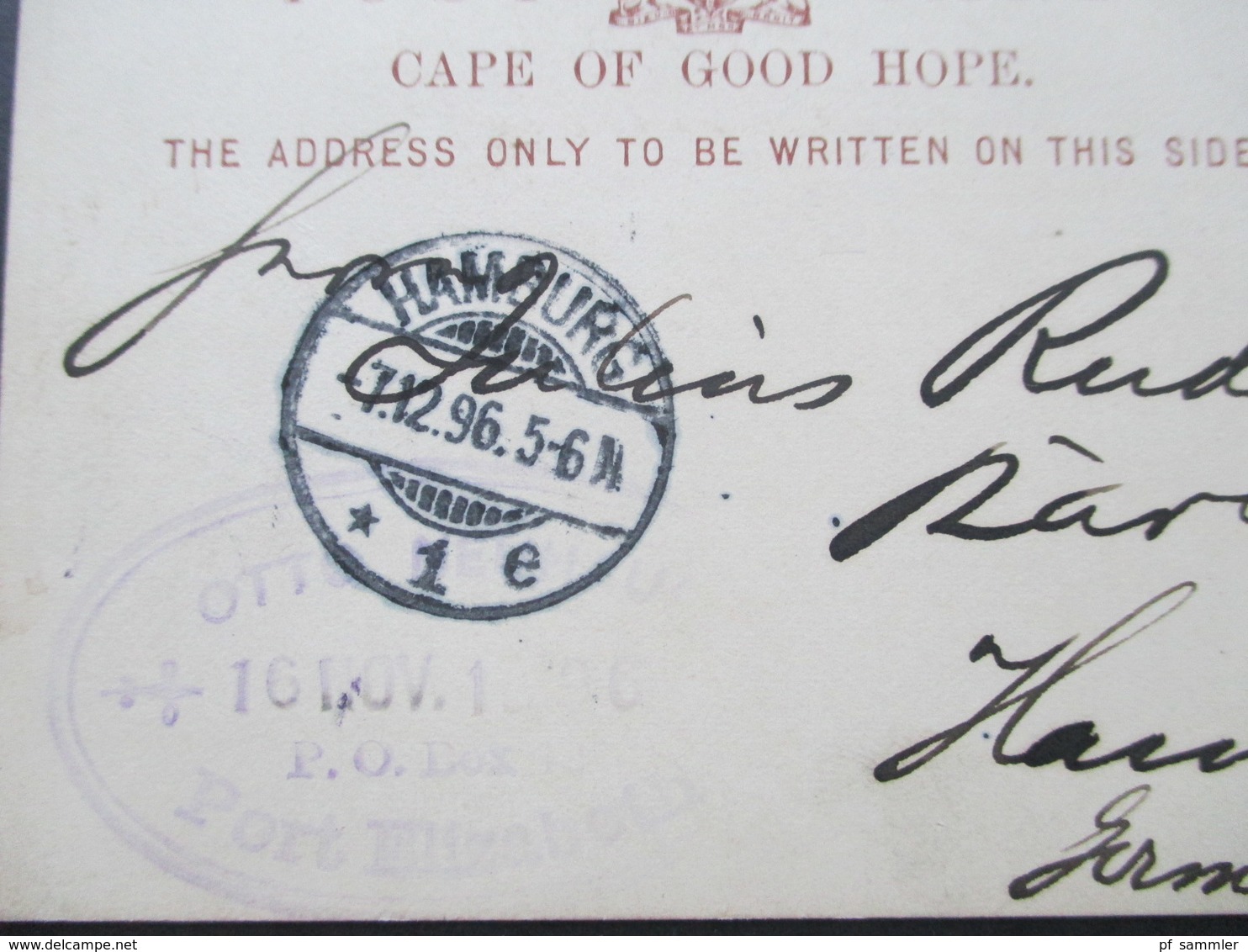 GB 1896 Kolonie Cape Of Good Hope Ganzsache GA Sauber Gestempelt Port Elizabeth Nach Hamburg Mit Ak Stempel - Kap Der Guten Hoffnung (1853-1904)