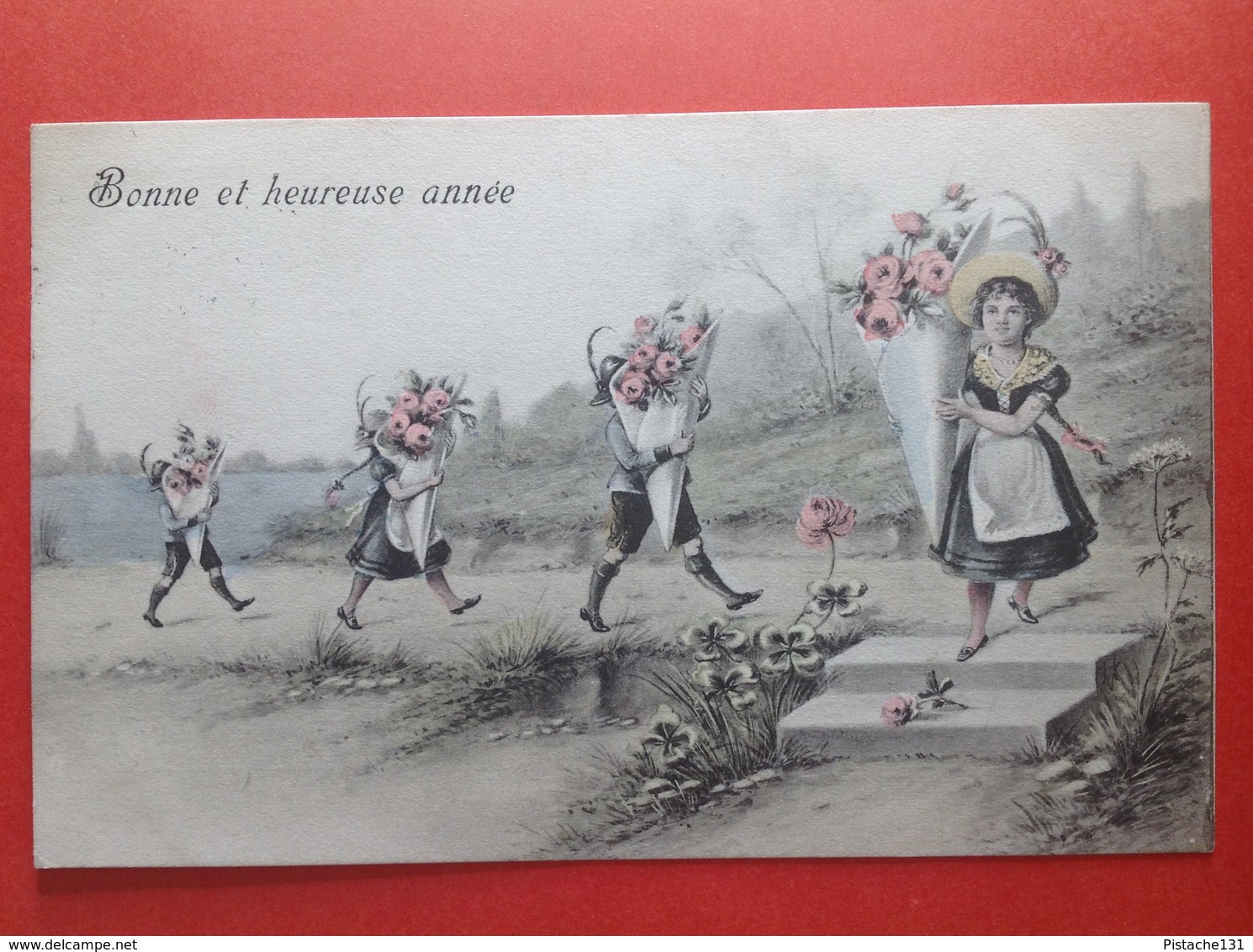 H.H.i.W. Nr 729 - GENRE VIENNE - 1913 - BONNE ET HEUREUSE ANNEE - KINDEREN MET BLOEMEN - ENFANTS AVEC FLEURS - 1900-1949