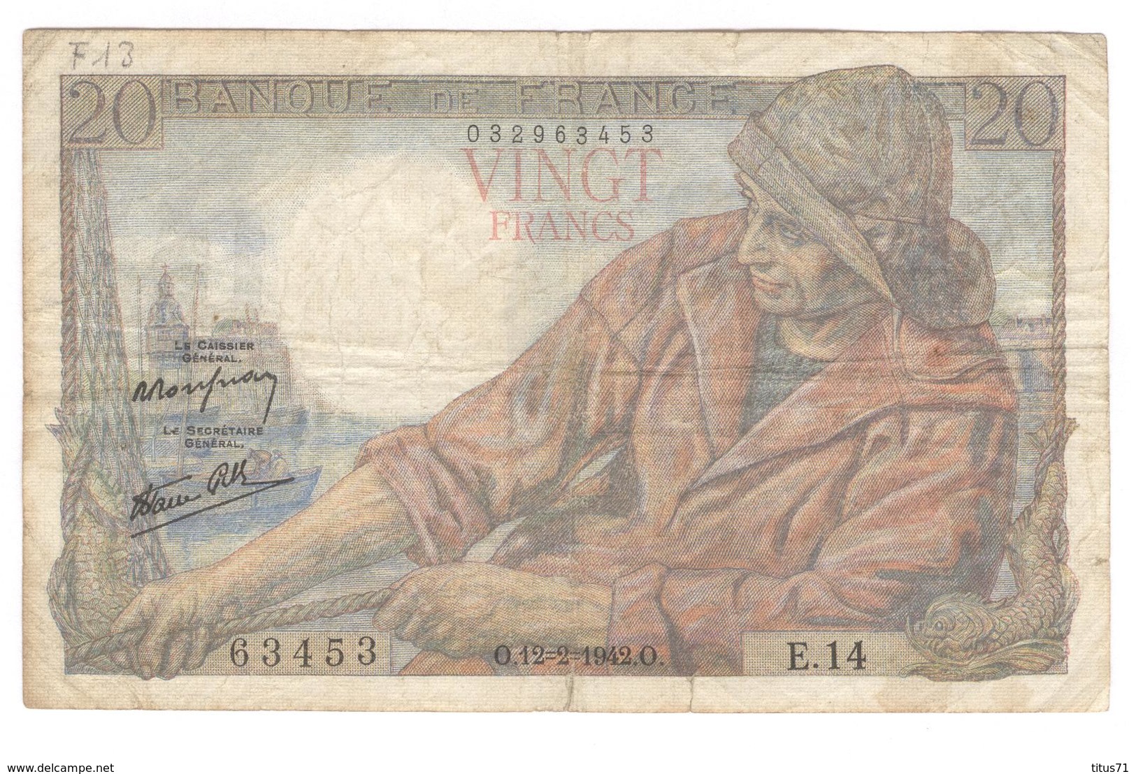 Billet 20 Francs France Pécheur 12-2-1942.O. Première Date - 20 F 1942-1950 ''Pêcheur''