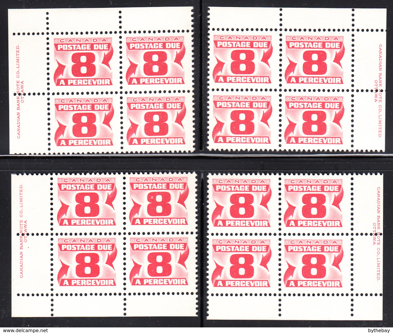 Canada 1978 MNH Sc J34a 8c Fourth Issue Postage Due Set Of 4 Plate Blocks - Num. Planches & Inscriptions Marge