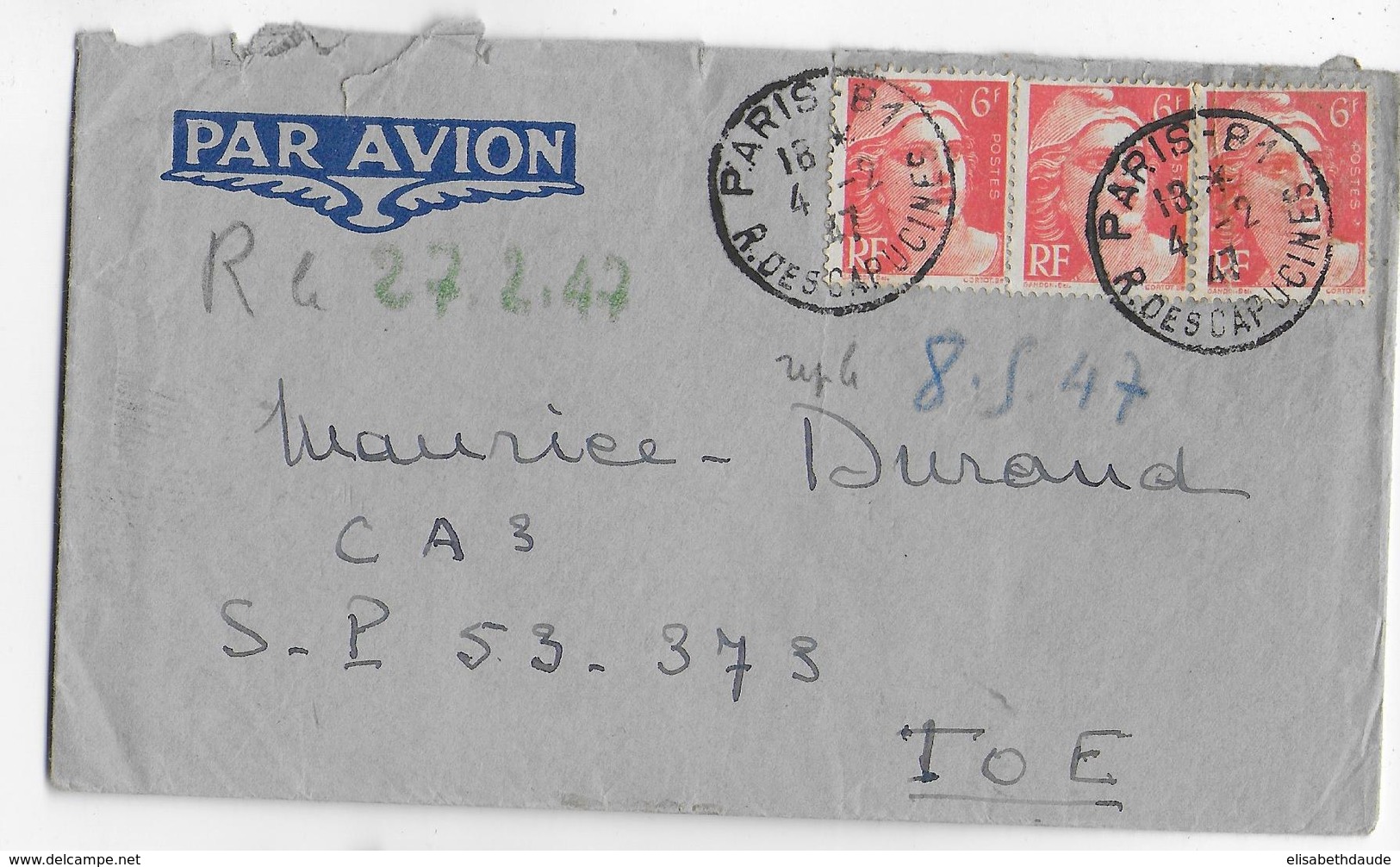 1947 - INDOCHINE - ENVELOPPE  Par AVION De PARIS  Avec GANDON => SP 53373 TOE - Guerre D'Indochine / Viêt-Nam