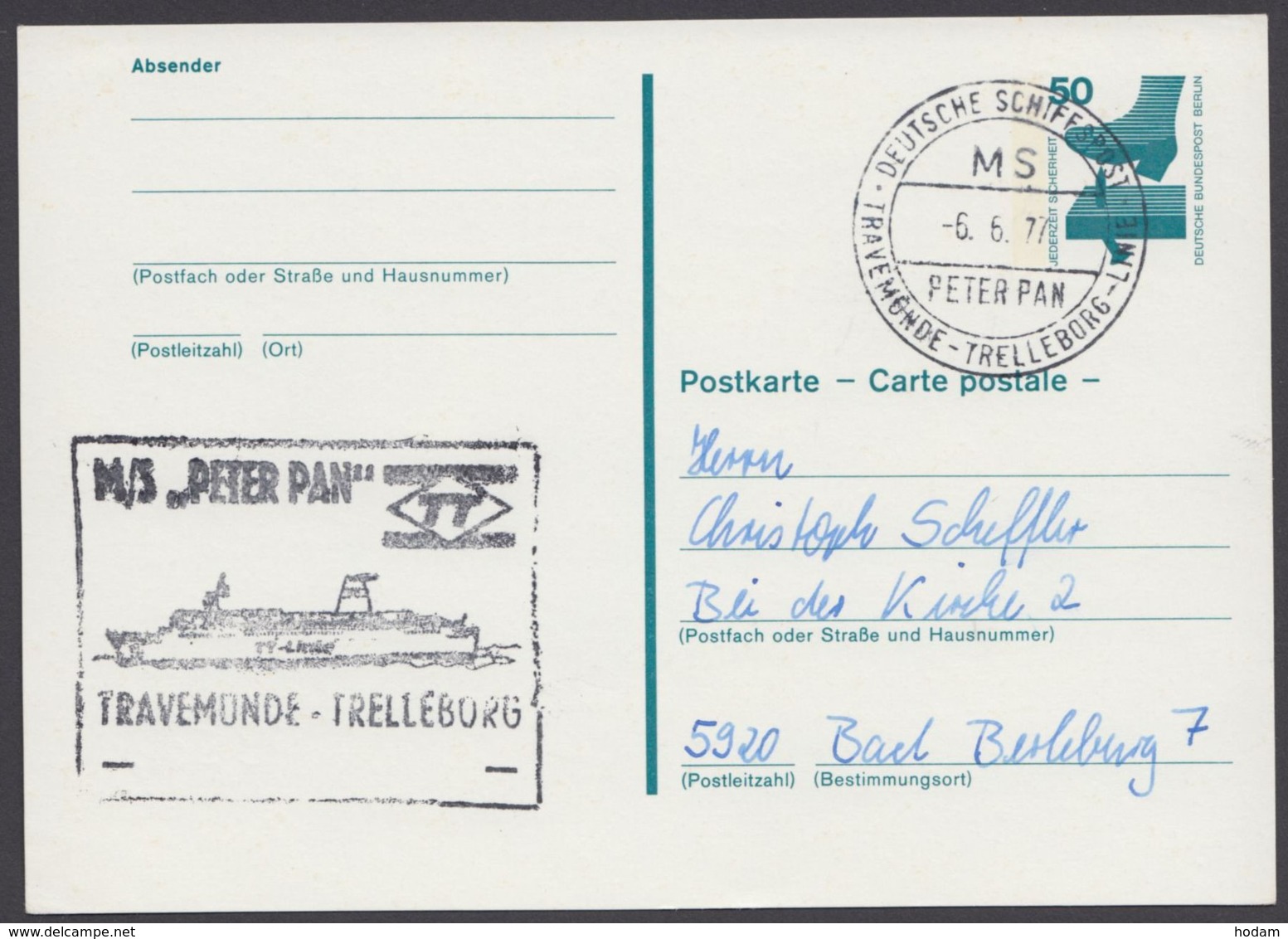 P 100, Schiffspost "Peter Pan", Travemünde-Trelleborg, Kein Text - Postcards - Used