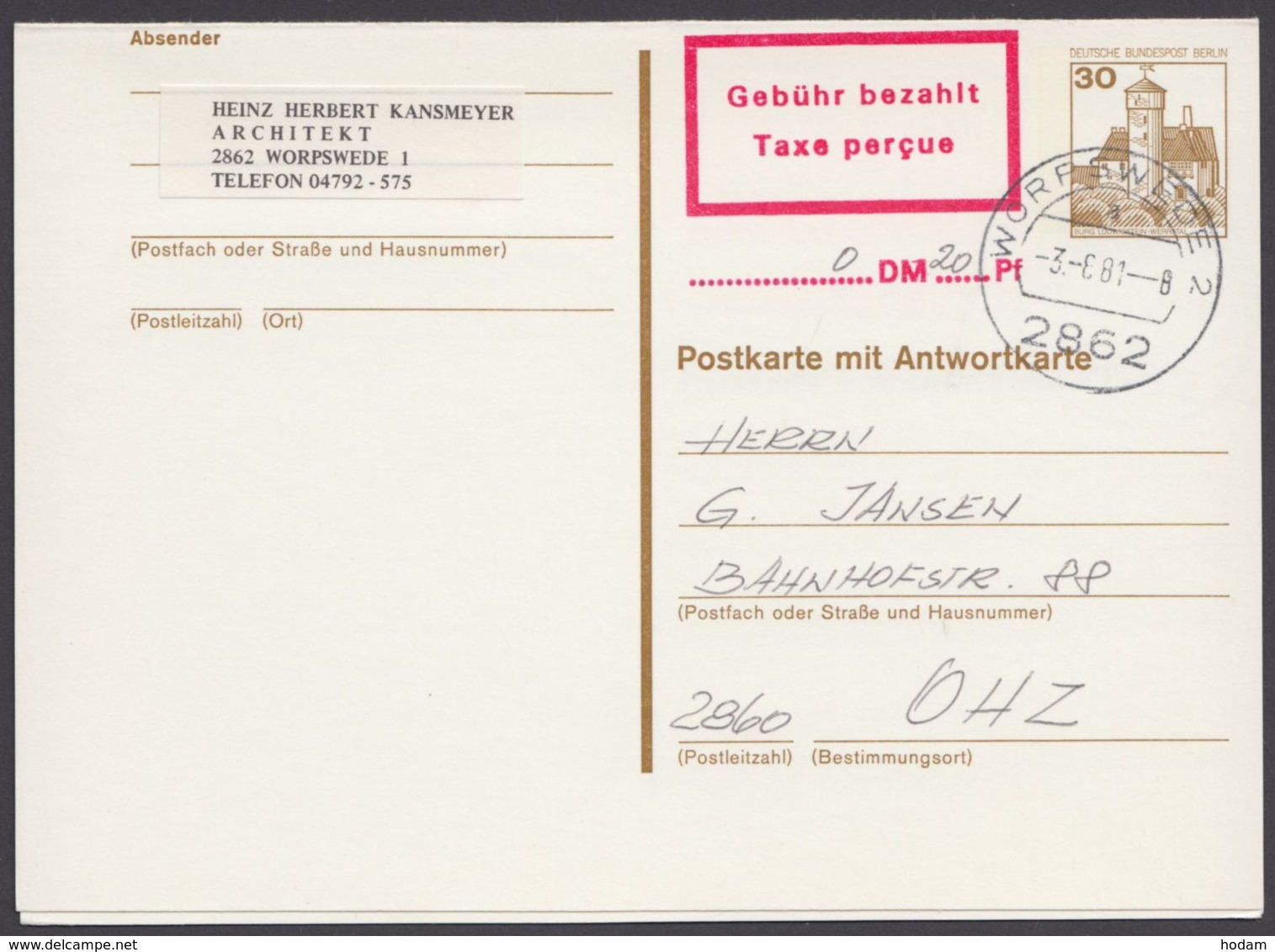 P 118, Doppelkarte, Beide Teile Roter Ra "Gebühr Bezahlt- Taxe Percue" - Cartes Postales - Oblitérées