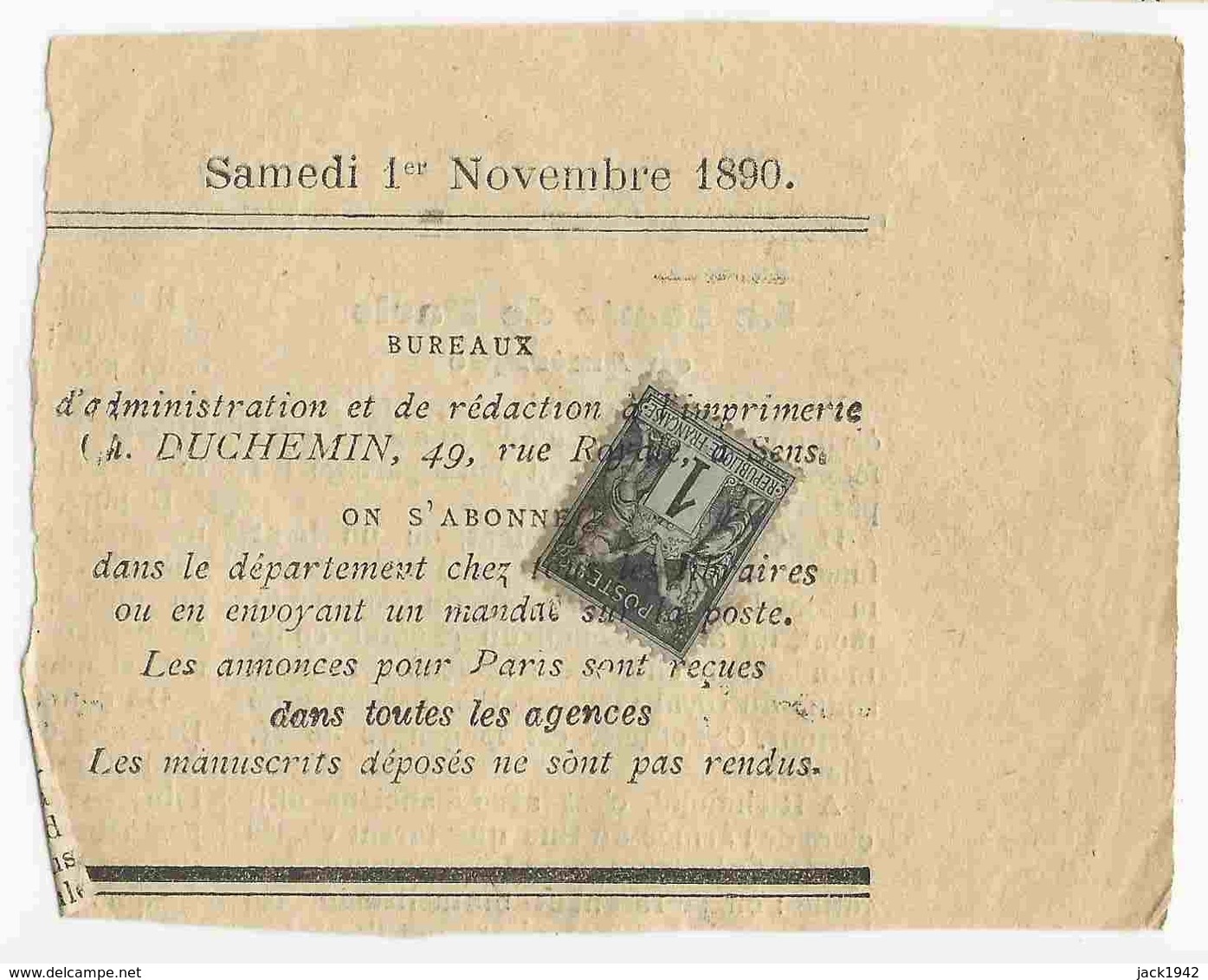 - 1er Novembre1890 - Type Sage 1c N°83 Oblitération Typographique Sur Partie De Journal (daté) De Sens Yonne - 1876-1898 Sage (Type II)