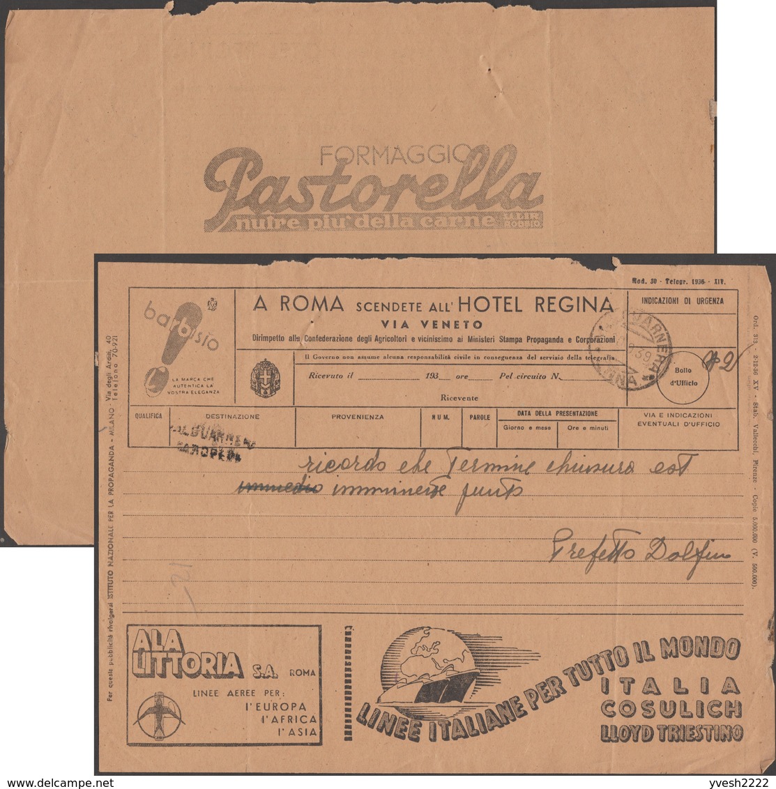 Italie 1939. Télégramme Publicitaire. Barbisio, ALA Littoria, Lignes Aériennes, Hirondelle.  Lloyd, Bateau, Fromage - Zwaluwen