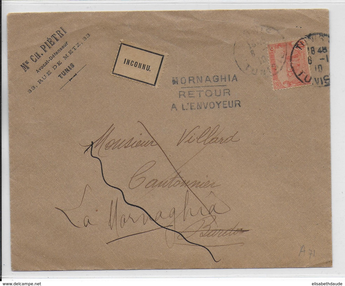 TUNISIE - 1910 - ENVELOPPE De TUNIS => MORNAGHIA AVEC RARE ET SUPERBE CACHET LOCAL DE RETOUR à L'ENVOYEUR - Storia Postale