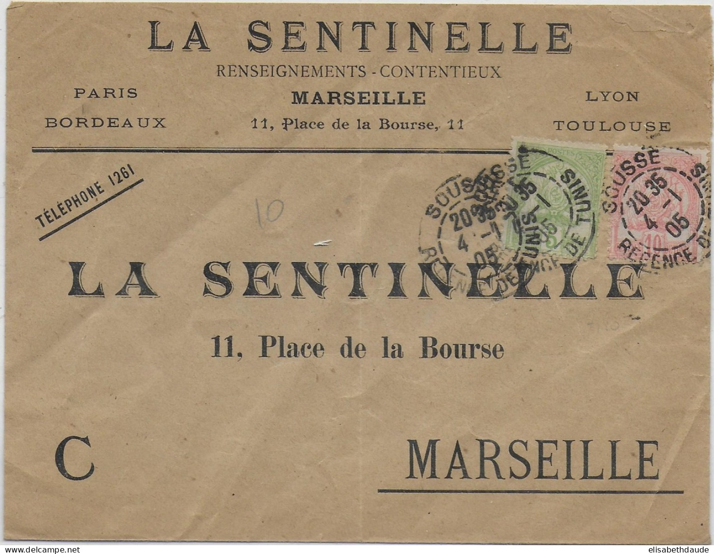 TUNISIE - 1905 - ENVELOPPE COMMERCIALE De SOUSSE => MARSEILLE - Cartas & Documentos