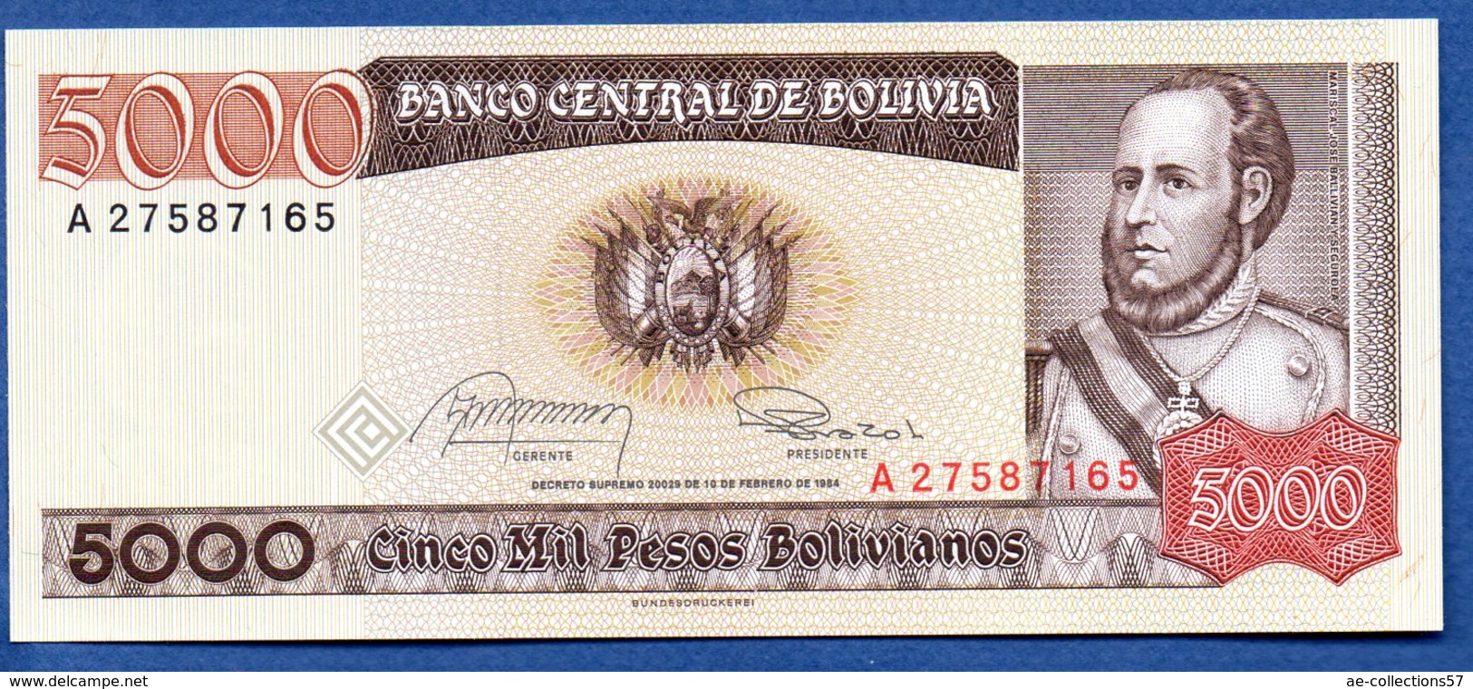 Bolivie  - 5000 Pesos  10/2/1984   - Pick # 168  -  état  UNC - Bolivie