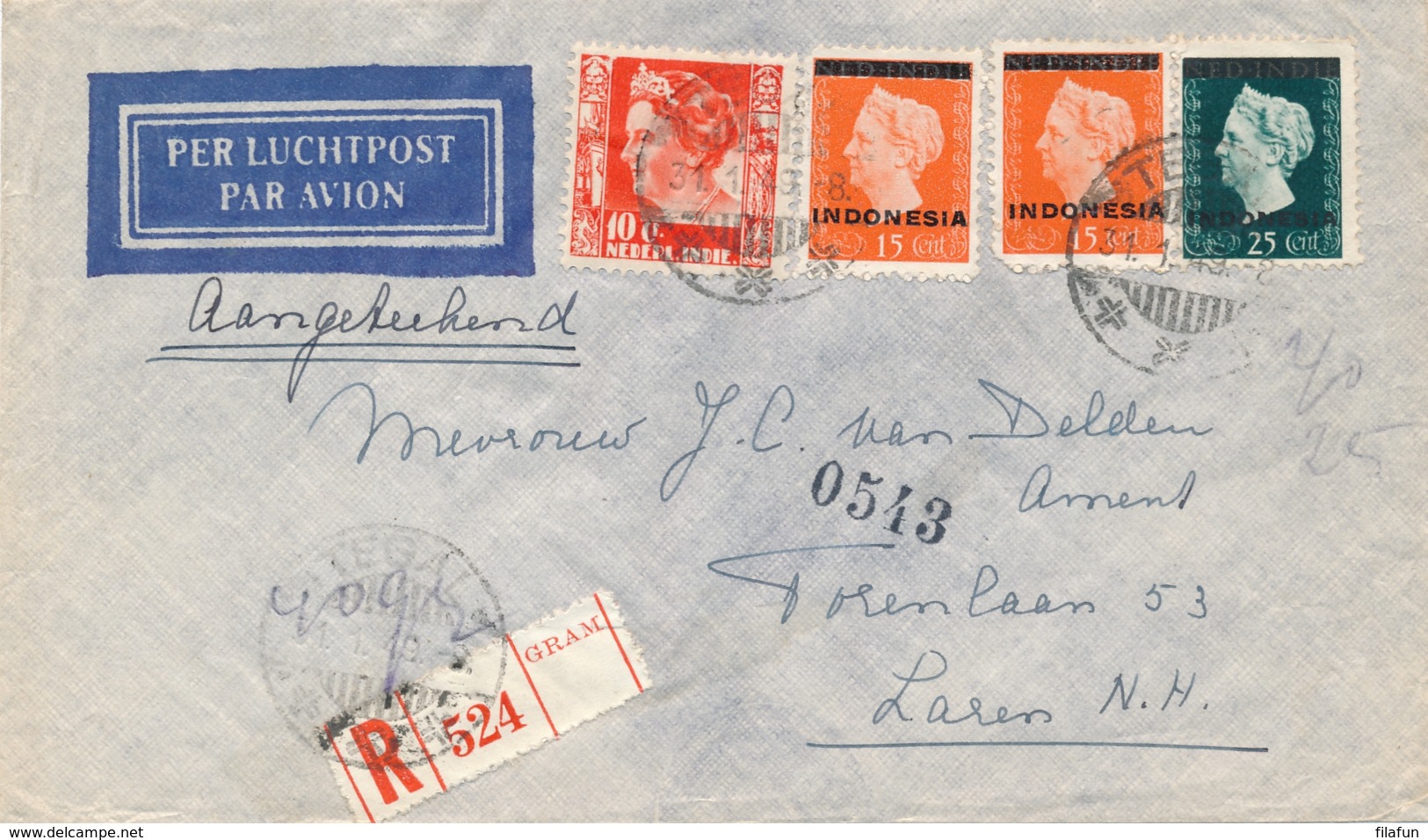 Nederlands Indië - 1949 - 65 Cent Mengfrankering Met Indonesia Op R-cover Van Tegal Naar Laren / NL - Naamloze Strook - Nederlands-Indië