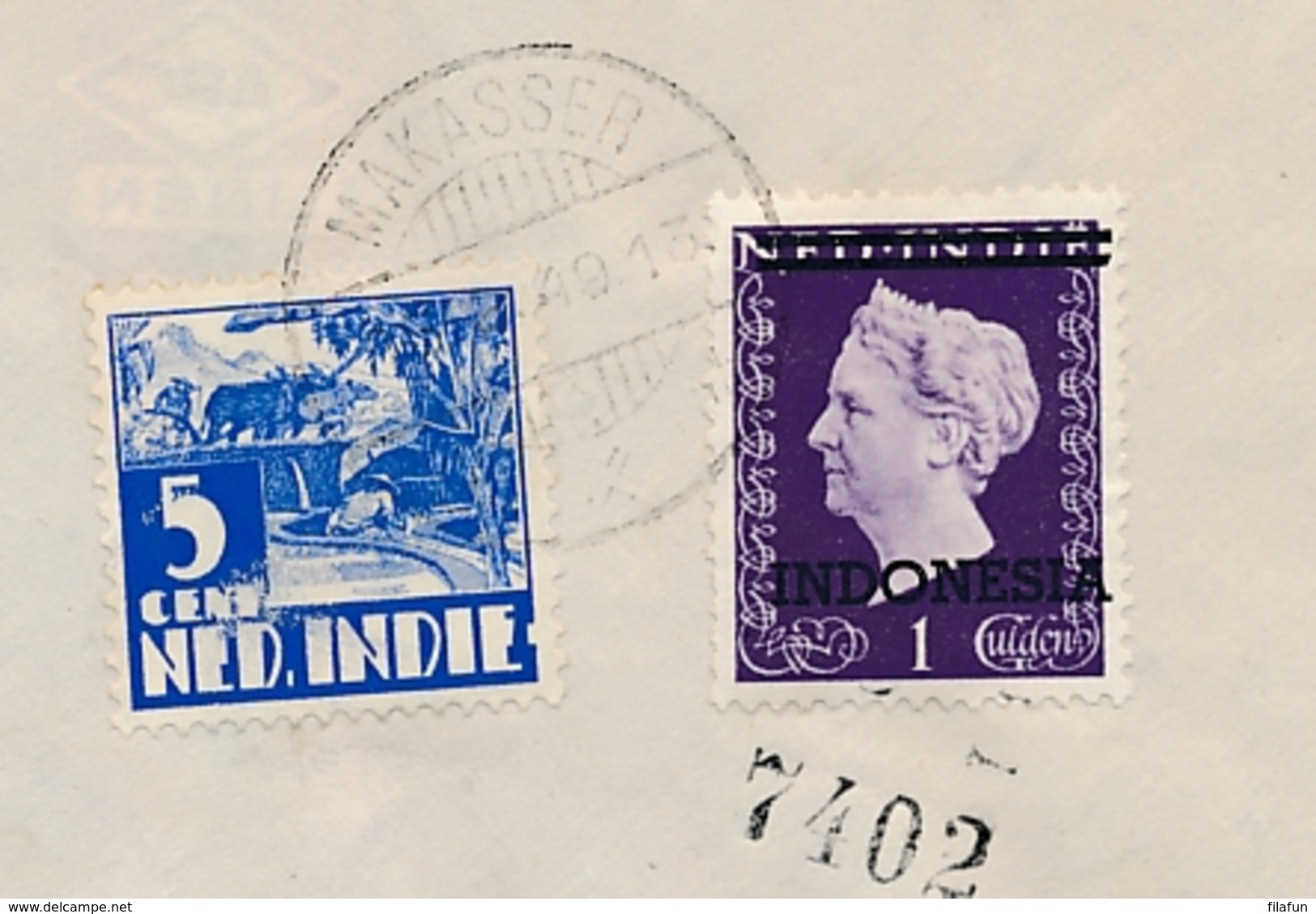 Nederlands Indië - 1949 - 105 Cent Frankering Met Indonesia Op ExpressR-cover Van Makasser Naar Bussum - Naamloze Strook - Nederlands-Indië