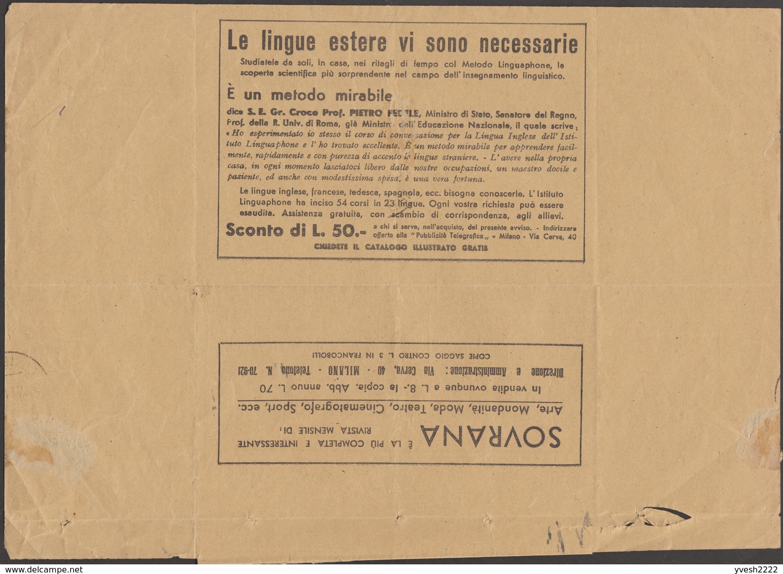 Italie 1939. Télégramme Publicitaire. Mandarinetto, Compagnie Aérienne, Apprendre Des Langues, Mode, Cinéma, Théâtre - Autres & Non Classés