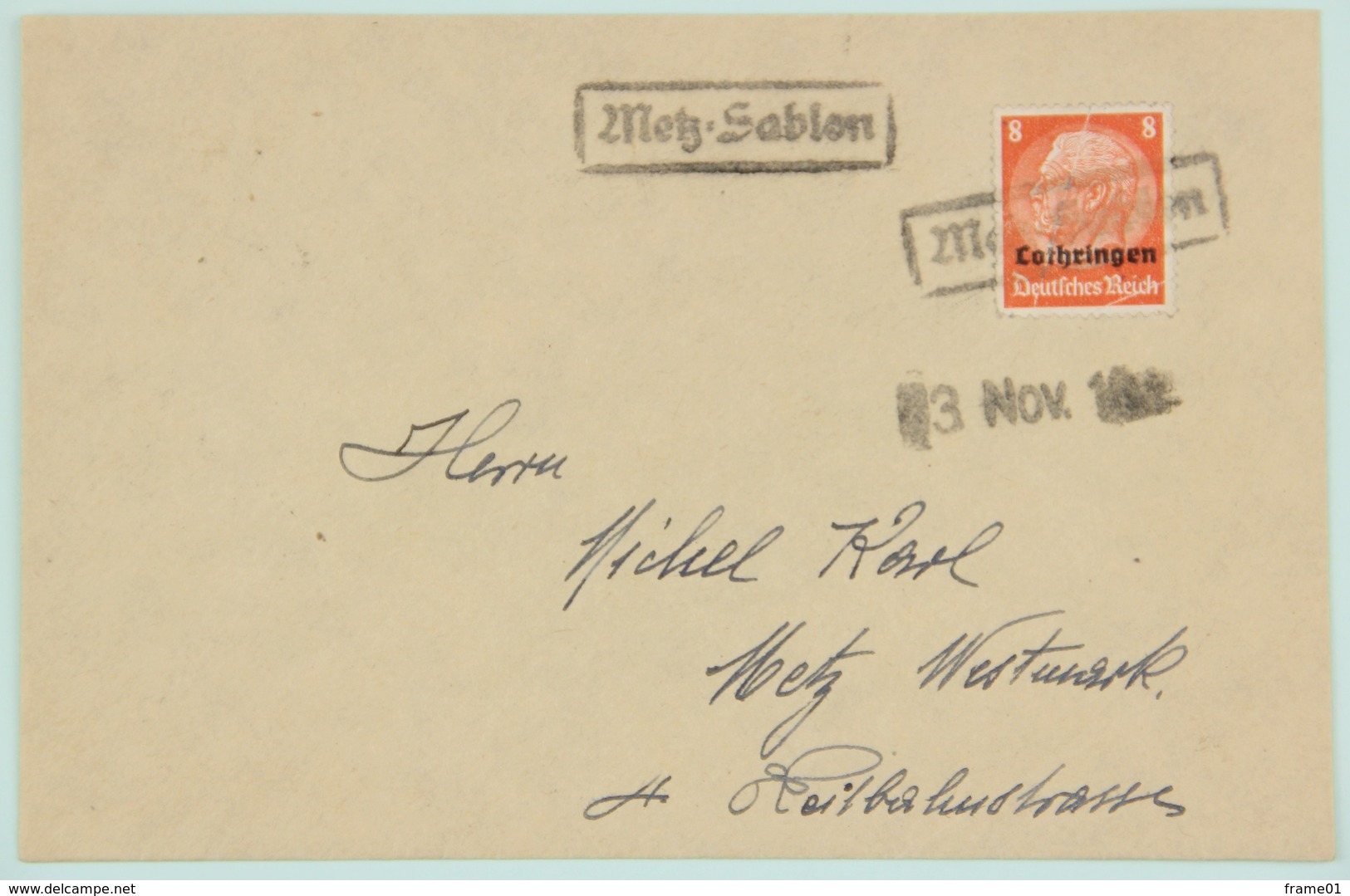Lettre Nov. 1940 Metz, Affr. 8 Pf Tarif Local, Cachet Rectangulaire Caoutchouc Metz - Sablon - Autres & Non Classés