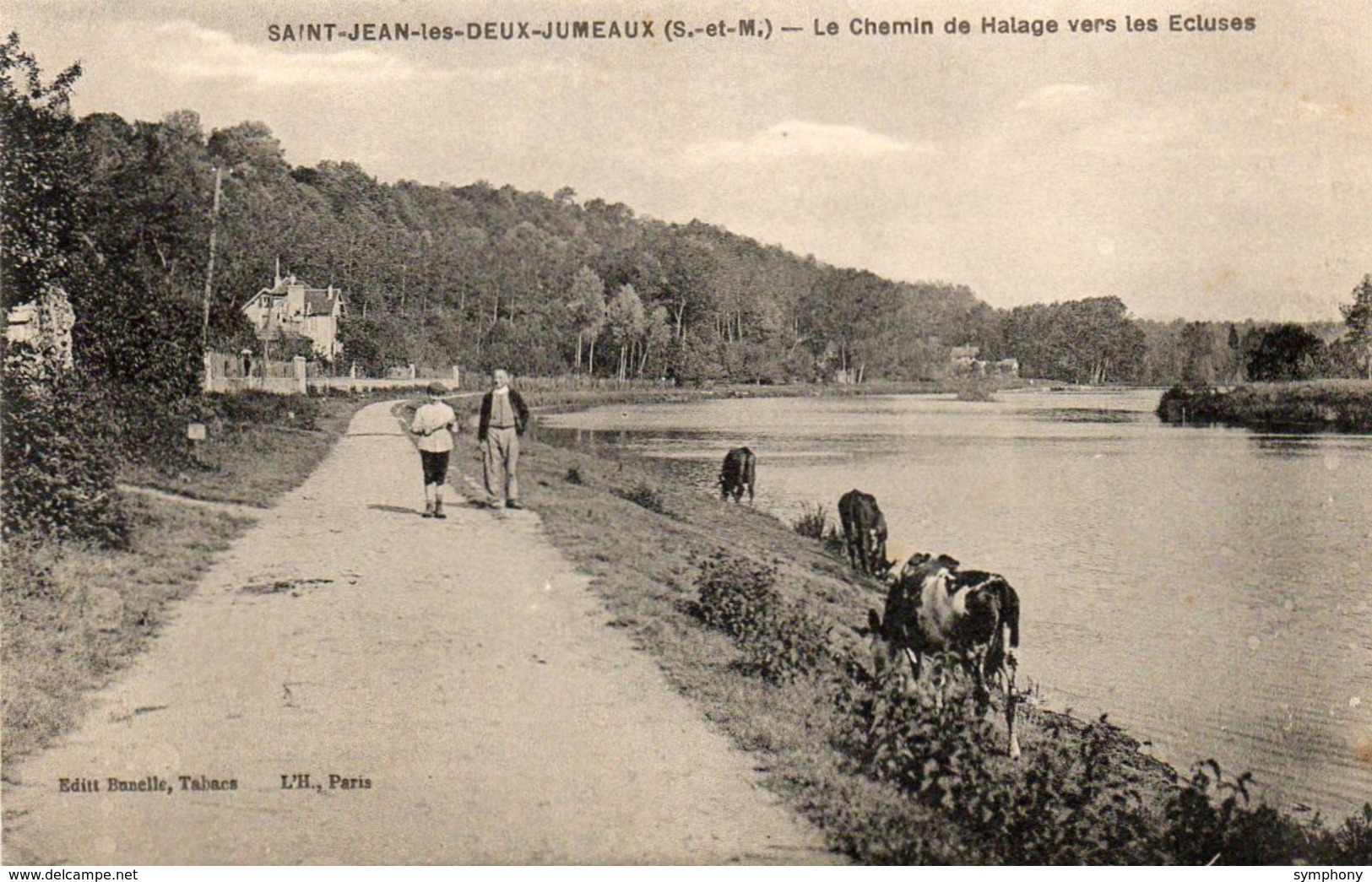 77. CPA. SAINT JEAN DES DEUX JUMEAUX.  Le Chemin De Halage Vers Les écluses.  Vache Au Paturage. - Hausboote