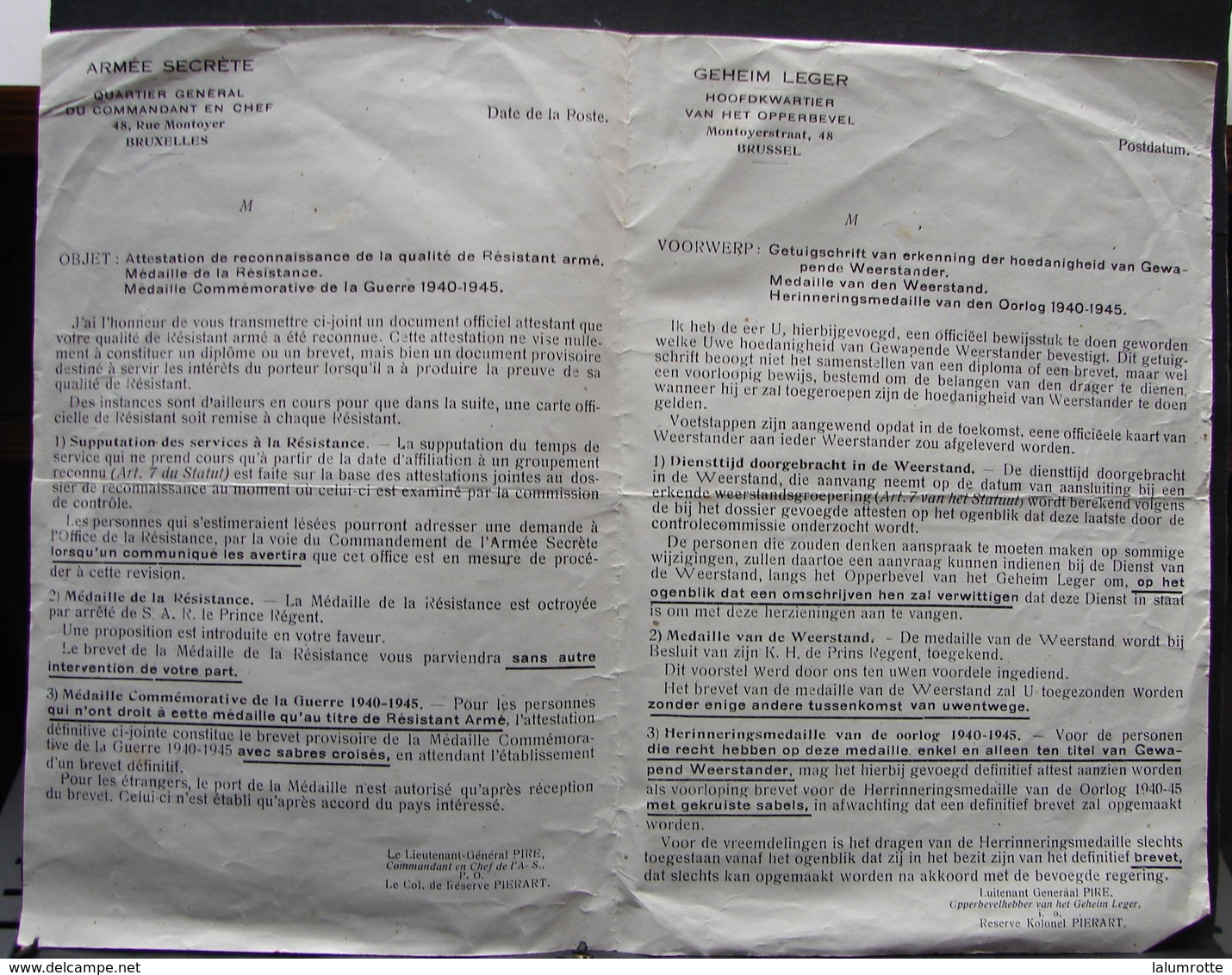 DH. 62. Armée Secrète. Attestation De Reconnaissance De La Qualité De Résistant Armé, Médailles - Documents