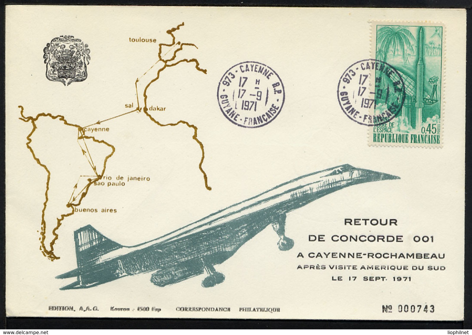 FRANCE  1971, CONCORDE 001, RETOUR A CAYENNE, 1 Enveloppe Illustrée - Concorde