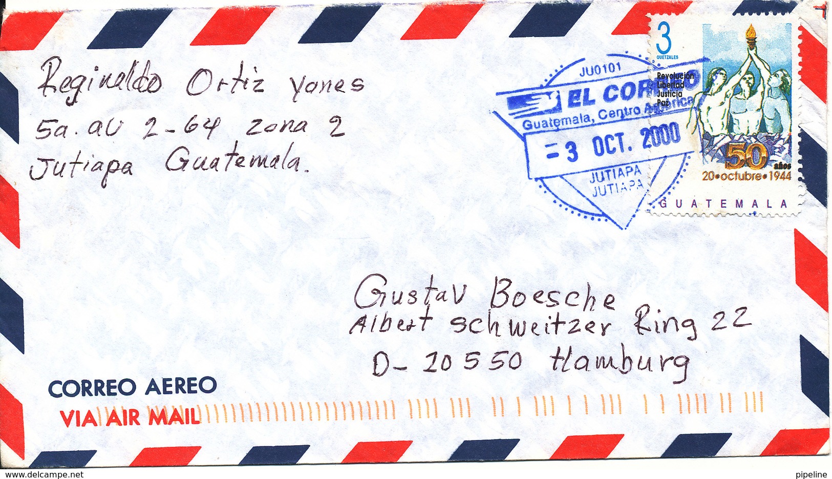 Guatemala Air Mail Cover Sent To Germany 3-10-2000 Single Franked - Guatemala