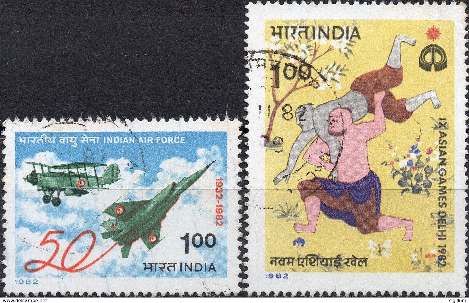 INDIA 1982 - AERONAUTICA MILITARE + GIOCHI ASIATICI, LOTTA - 2 VALORI USATI - Usati