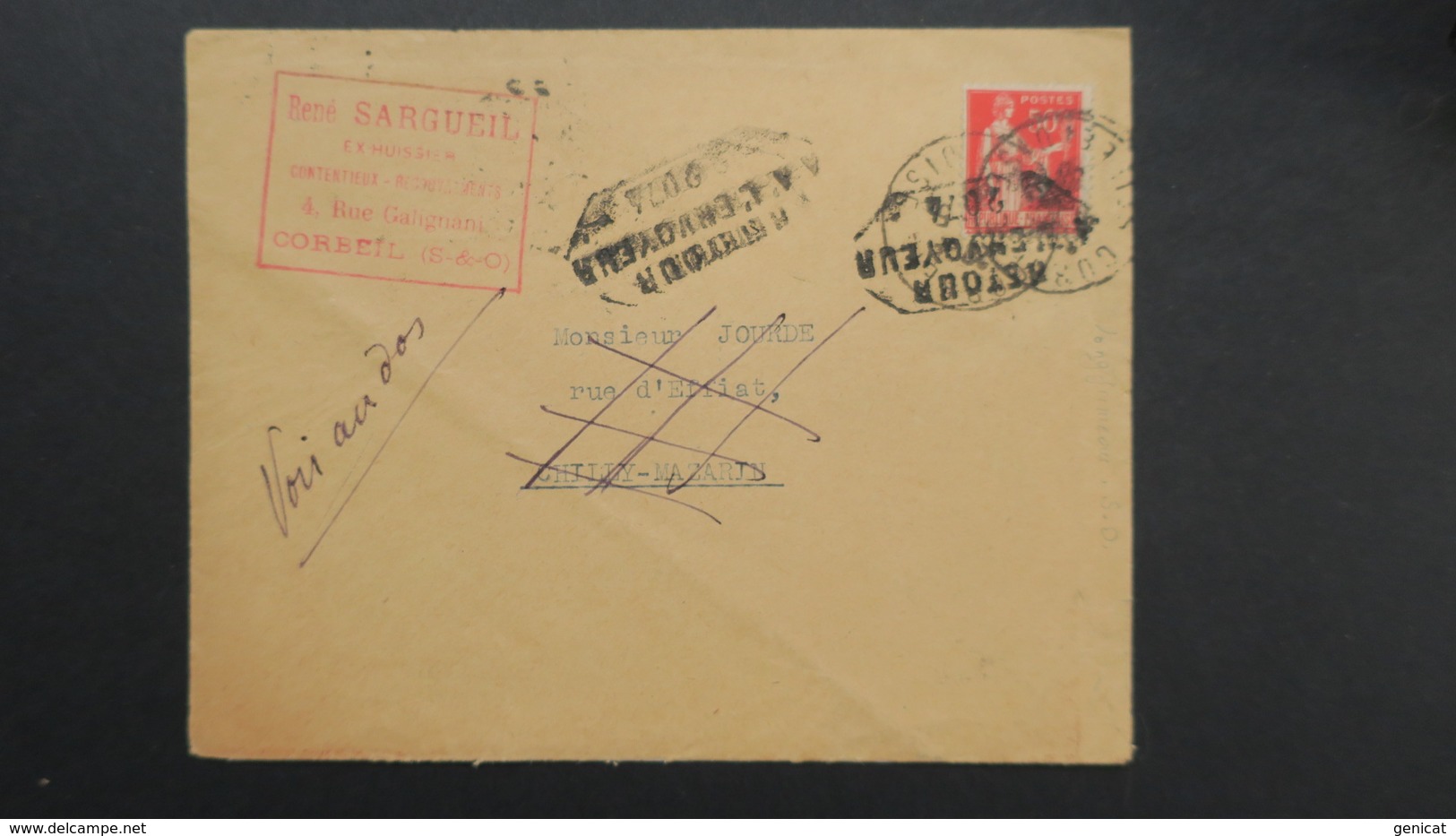 Lettre De Corbeil Pour Chilly Mazarin 1933 Type Paix  Retour Envoyeur 2074 - 1921-1960: Moderne