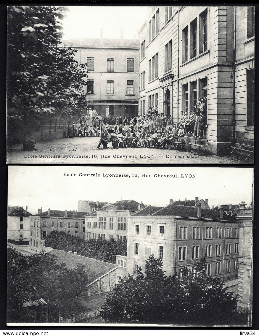 LOT 2 CPA ANCIENNES FRANCE- LYON (69)- ECOLE CENTRALE RUE CHEVREUL- VUE GENERALE  ET LA RÉCRÉATION ANIMÉE - Autres & Non Classés