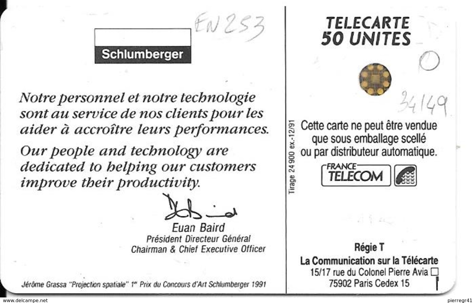 CARTE-PUCE-PRIVEE-PUBLIC-50U-EN 253-SC4an-N°5Ge 34149-12/91-SCHLUMBERGER-TABLEAU J GRASSA-UTILISE-TBE - 50 Unités   