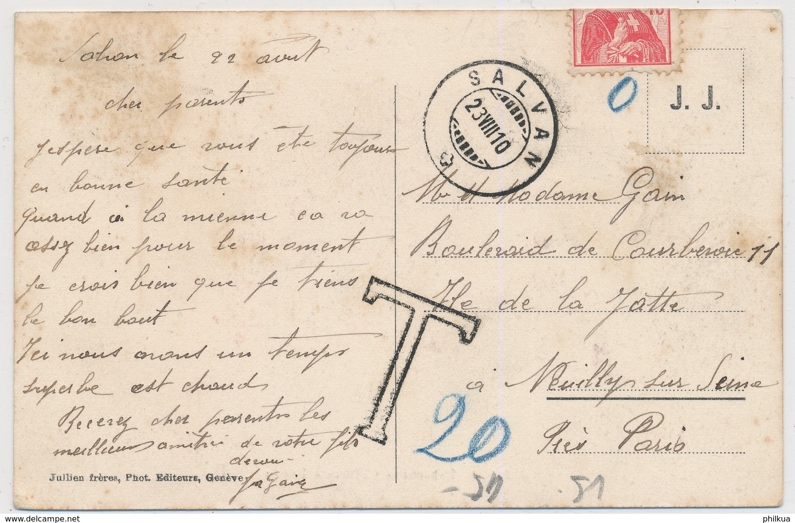 1910 - Départ Des Chèvres à Salvan - District Saint-Maurice - Kurios Geklebte Marke - Taxstempel - Saint-Maurice