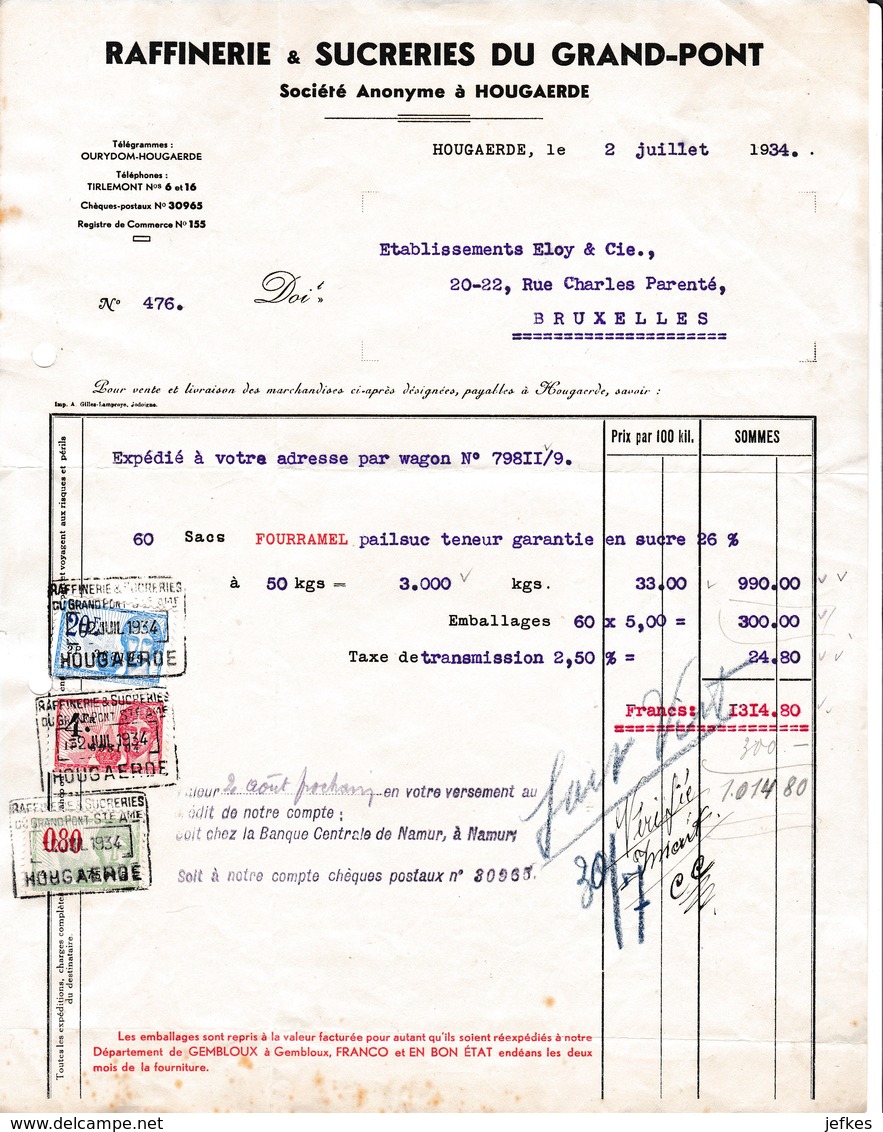 Hoegaarden. Factuur Van De Raffinerie & Sucrerie Du Grand-Pont. 2/7/1937 - 1900 – 1949