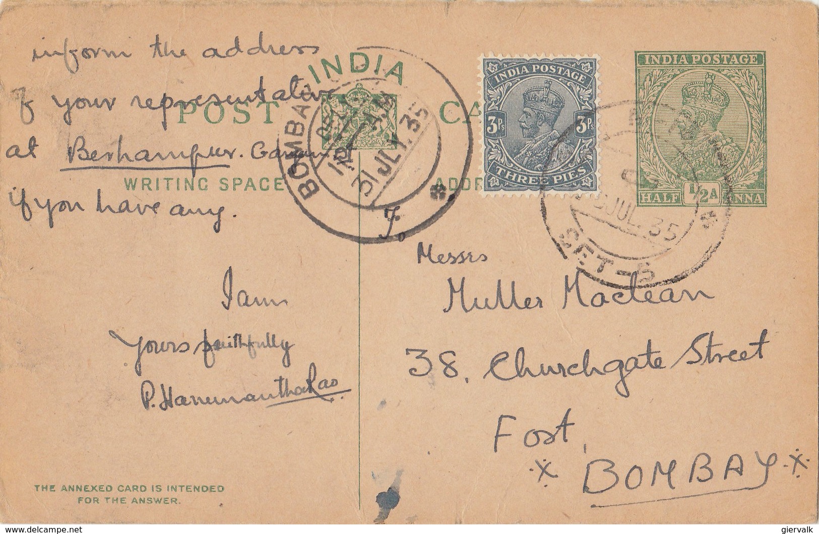 INDIA 1935 Post Card To BOMBAY.BARGAIN.!! - Andere & Zonder Classificatie