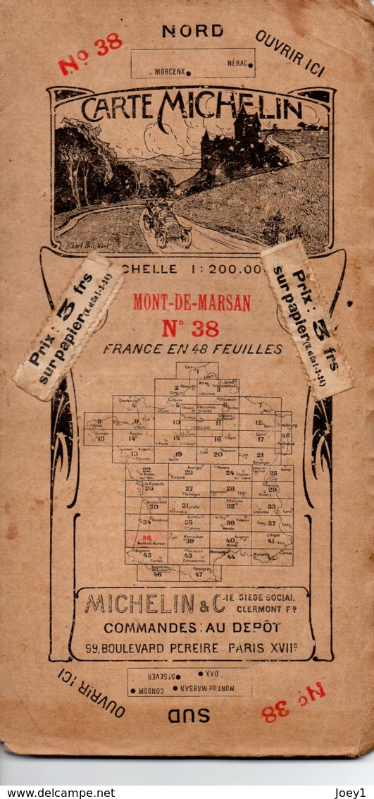 Carte Michelin Années 20 Numéro 38 , Mont De Marsan,bon état. - Cartes Routières