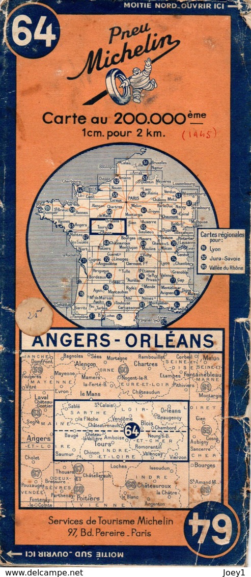 Carte Michelin Année 1945 Numéro 64 , Angers Orléans ,bon état. - Roadmaps