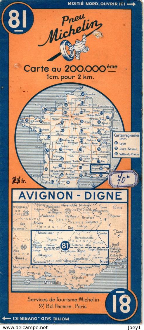 Carte Michelin Année 1946 Numéro 81, Avignon Digne ,bon état. - Cartes Routières