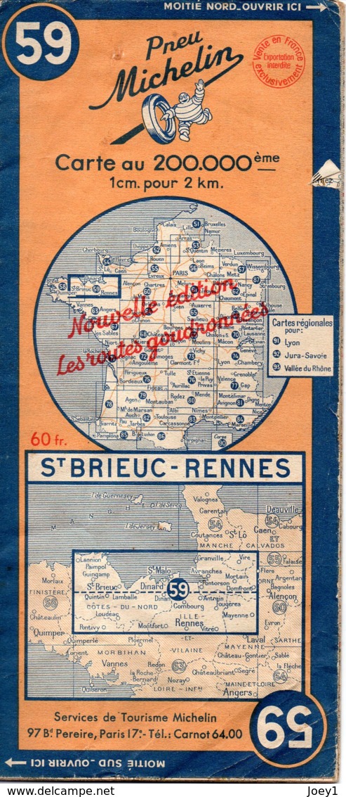 Carte Michelin Année 1948 Numéro 59, St Brieuc Rennes ,bon état. - Strassenkarten