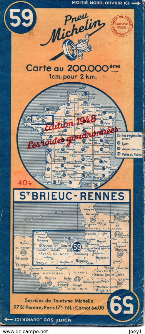 Carte Michelin Année 1948 Numéro 59, St Brieuc Rennes ,bon état. - Strassenkarten