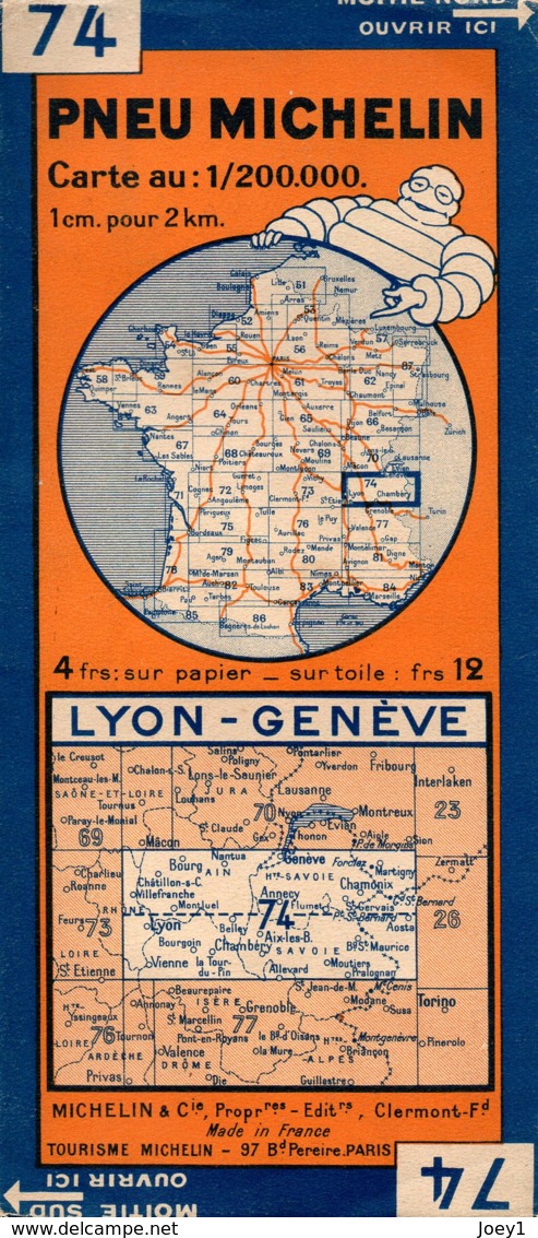 Carte Michelin Années 40 Numéro 74, Lyon Genève ,bon état. - Strassenkarten