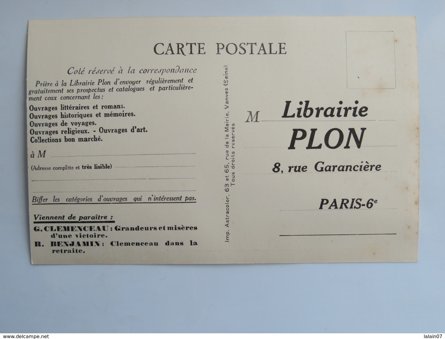 C. P. A. : Le Président GEORGES CLEMENCEAU, Publicité Librairie PLON - Hommes Politiques & Militaires