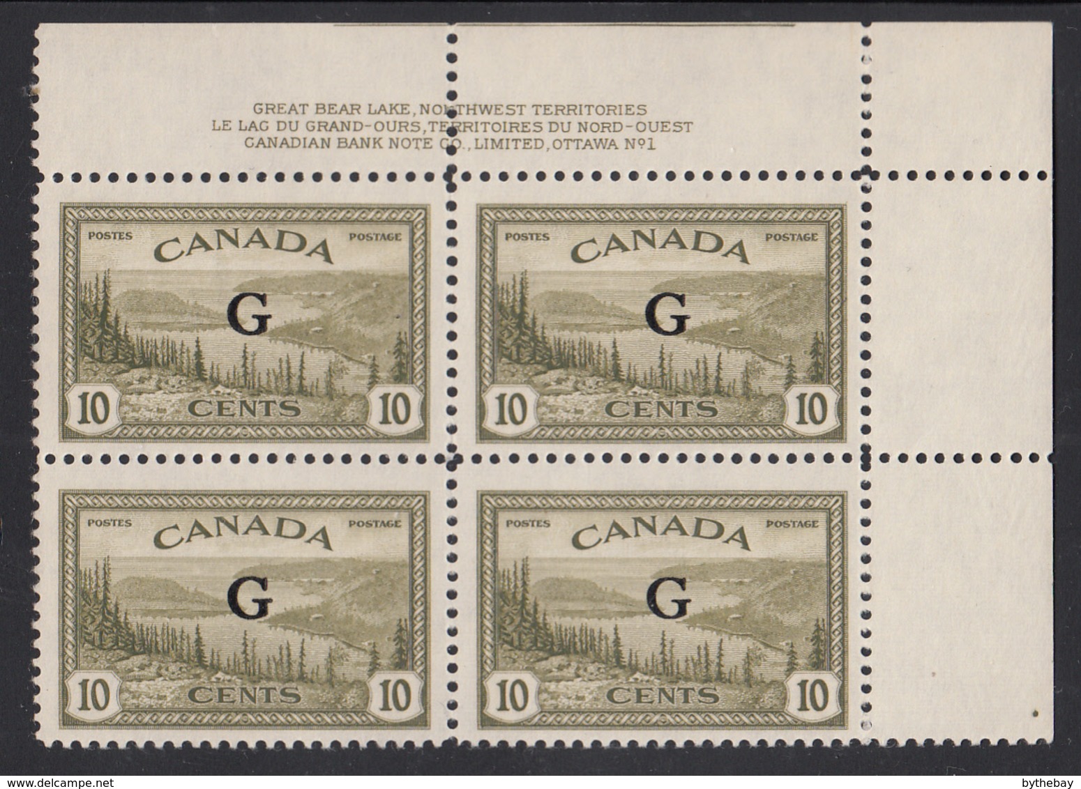 Canada 1950 MNH Sc O21 10c Great Bear Lake G Overprint Plate 1 Upper Right Plate Block - Plate Number & Inscriptions