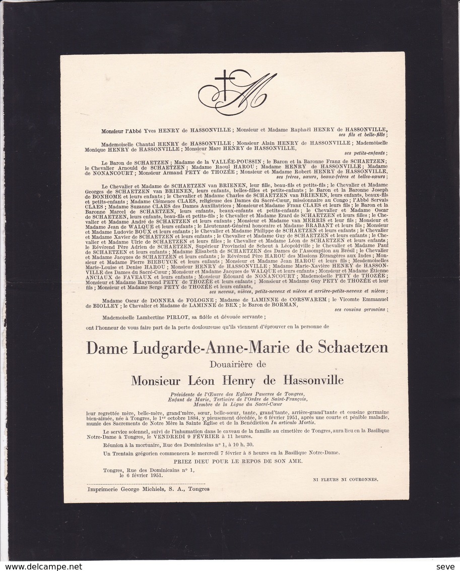 TONGRES Ludgarde De SCHAETZEN Veuve Léon HENRY De HASSONVILLE  1884-1951 Faire-part Décès - Décès