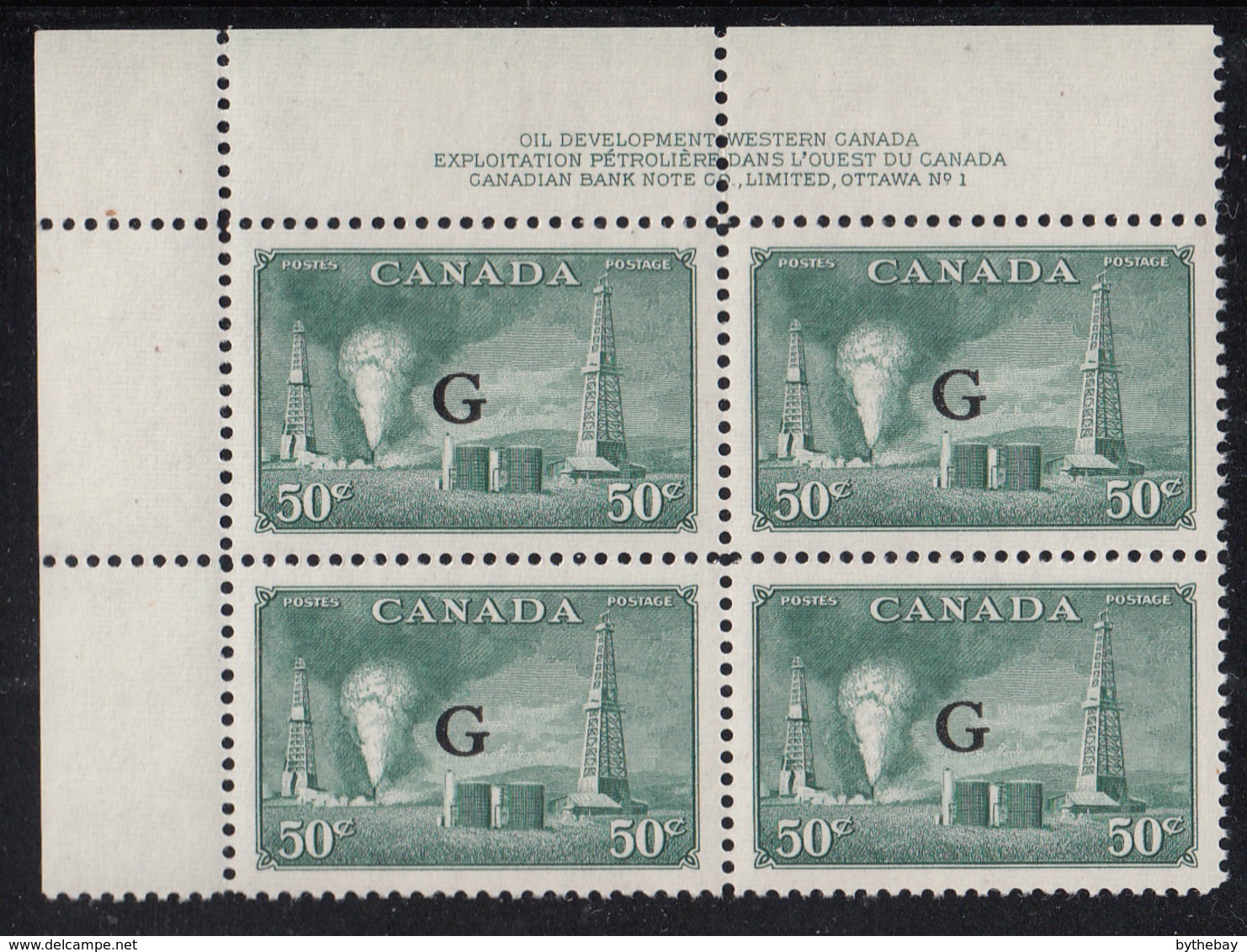 Canada 1950 MNH Sc O24 50c Oil Wells G Overprint Plate 1 Upper Left Plate Block - Num. Planches & Inscriptions Marge