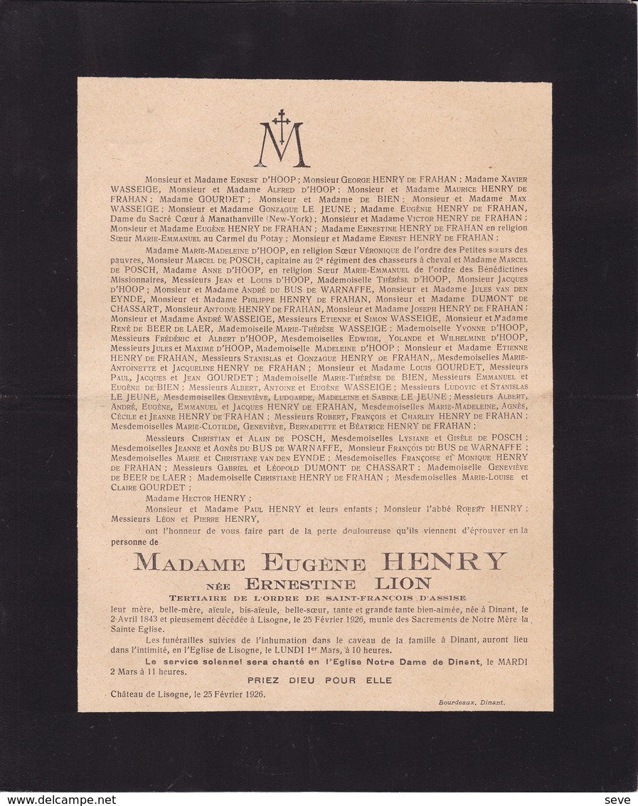 Château De LISOGNE Ernestine LION épouse Eugène HENRY Dinant 1843 - Lisogne 1926 De FRAHAN - Obituary Notices