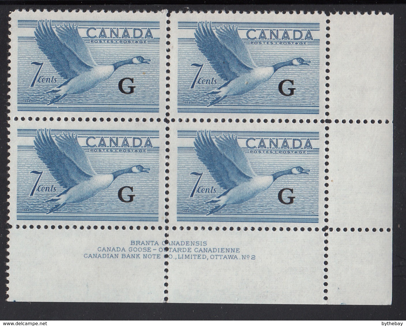 Canada 1951 MNH Sc O31 7c Canada Goose G Overprint Plate 2 Lower Right Plate Block - Num. Planches & Inscriptions Marge