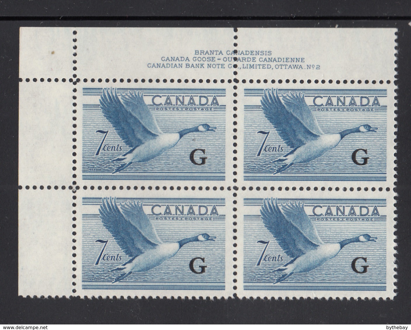 Canada 1951 MNH Sc O31 7c Canada Goose G Overprint Plate 2 Upper Left Plate Block - Num. Planches & Inscriptions Marge